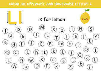 Find and color all letters L. Alphabet games for kids.