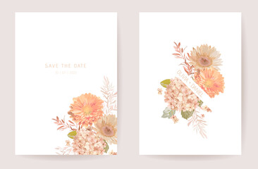 Wedding invitation dried pastel flowers, floral card, dry pampas grass, dahlia watercolor minimal template - obrazy, fototapety, plakaty