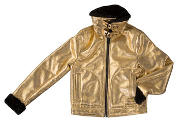 warm jacket, sheepskin coat, gold color, on a white background
