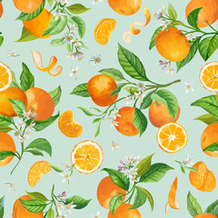 Mandarin Watercolor Floral Pattern, Vector Seamless Fruit Background, Citrus Fruits, Flowers, Leaves