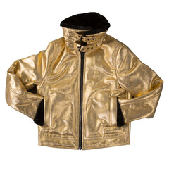 fashionable gold jacket sheepskin coat, on white background, sleeves tucked into pockets, concept