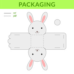DIY party favor hare box for birthdays, baby showers for sweets, candies, small presents, bakery. Retail box blueprint template. Print, cutout, fold, glue sticker. Vector stock illustration