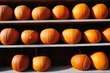 Shelf made of wooden boards, filled with yellow pumpkins, the pumpkins are neatly put in a row,...