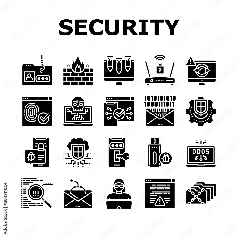 Poster internet security collection icons set vector. internet ddos computer attack and flash drive with vi