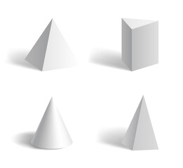 Basic 3d geometric pyramid shapes: hexagonal, pentagonal, cone white isolated templates