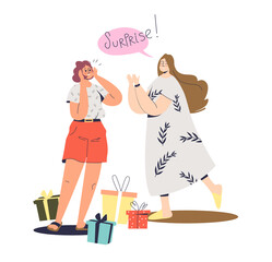 Surprised woman getting unexpected gift from friend on holiday. Happy cartoon girl with presents