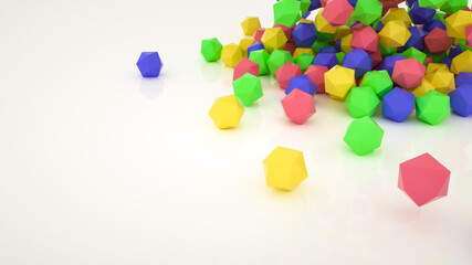multicolored three-dimensional polyhedrons are scattered on a white background. 3d render illustration