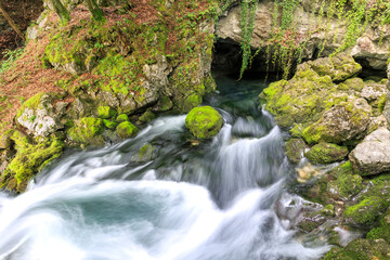 Source of River Schwarzbach and Golling waterfall near Golling in Salzburg county, Austria