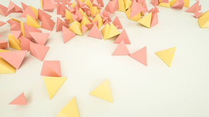 beige and orange pyramids are scattered on a white background. abstract background. 3d render illustration