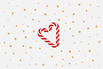 Christmas simple lite background with realistic red and white cane candy forming a heart and golden stars. Xmas holiday cover poster. Top view flat lay. Vector illustration.