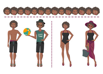 Young african smiling couple, man and woman with brunette hair in shorts, pareo, swimsuits, hat, sunglasses. Different gestures isolated vector illustration with seven different facial expressions.