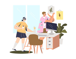 Girls preparing home workplace for freelance work or distance education