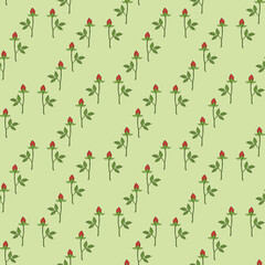 Seamless pattern with positive rose buds on light green background. Vector image.