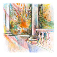 Gazebo with classic columns and balusters.Autumn city landscape.Walk in the Park.gazebo with columns.Pencil drawing. Bright and colorful illustration of a classic column. Graphic image. Urban, Park an