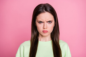 Closeup photo of attractive offended lady straight long hairdo look moody facial expression annoyed...
