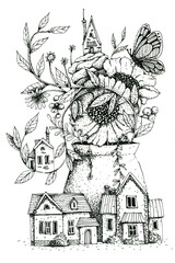 Vase with beautiful flowers, houses, berries and butterfly. Hand drawn ink pen illustration.