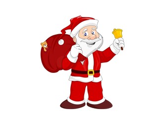 cheerful Santa Claus with gift bag and bell. Christmas symbol