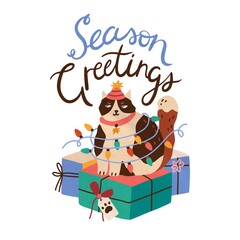 Cute cat sitting on pile of christmas giftbox. Holiday card with funny kitten in party cap wrapped in garland. Season greeting lettering composition. Vector flat cartoon illustration isolated on white