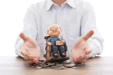 A man in a white shirt pampers an old grandpa model with both hands