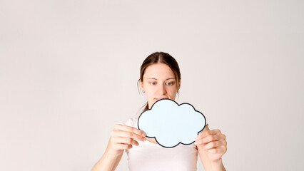 Woman shows sign speech bubbles. Speech bubble banner