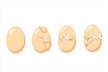 A whole chicken egg on a white background. A set of broken eggs, broken shells, types of broken on fresh eggs.