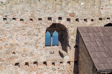 Smederevo Fortress. Medieval fortified city. Double-arched windows. Located on the right bank of the Danube river. Smederevo, Serbia. Tourist destination