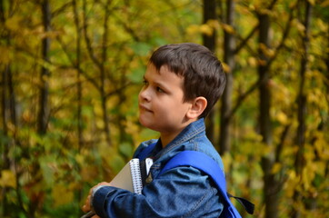 A boy after school hours walks in the autumn park in a denim jacket, with textbooks and notepads, notebooks in his hands in the park among the trees. The concept of heavy learning, a lot of homework