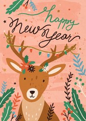Christmas postcard with cute deer and mistletoe branches. Happy New Year vertical greeting card or poster with funny reindeer and graland on its horns. Vector flat cartoon illustration