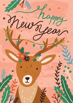 Christmas Postcard With Cute Deer And Mistletoe Branches. Happy New Year Vertical Greeting Card Or Poster With Funny Reindeer And Graland On Its Horns. Vector Flat Cartoon Illustration