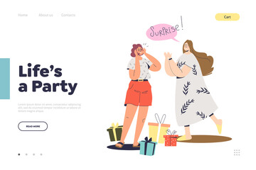 Lading page with concept of surprise party for birthday with surprised cartoon female getting gifts