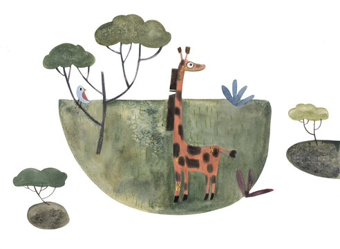 Giraffe african safari watercolour hand painted illustration  with birds, bushes, trees, grass. Cute nursery art drawing.