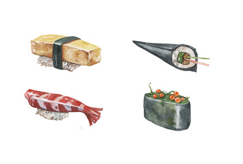 Japanese traditional food illustration set in watercolor. temaki, tamagi, gunkan nigiri, aburi sushi on white background. Ideal for restaurant menu.
