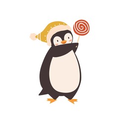 Baby penguin with lollipop vector flat illustration. Cheerful polar bird carrying candy on stick wearing warm knitted hat isolated on white. Cute arctic character holding sweet delicious