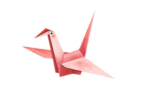 Cute red crane origami watercolor illustration on a white isolated background. Beautiful cute hand drawn painting for decoration, postcards. Asian culture
