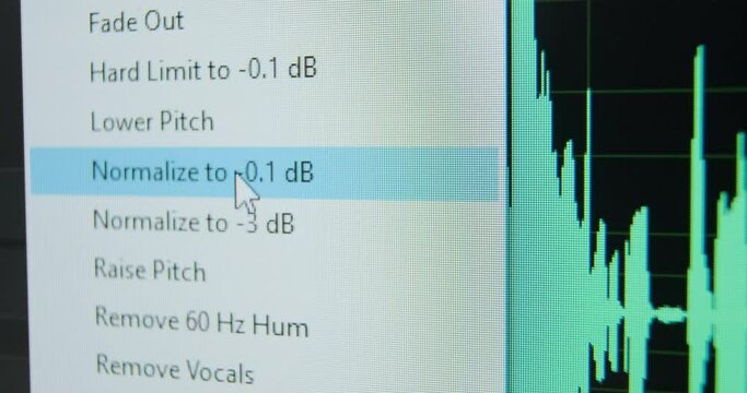 Sound manager chooses option Normalize to -3dB in drop-down menu working with sound track in computer program macro view