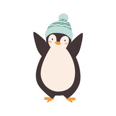Baby penguin standing in woolen colorful bobble hat vector flat illustration. Cute polar bird wearing childish ornamented headdress with pompom isolated. Happy arctic character in winter accessory