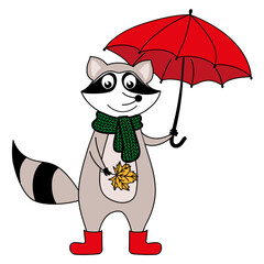 Cute raccoon with a yellow maple leaf under an umbrella, boots and a green scarf. Vector illustration isolated on white background. Postcard, poster, children's room decoration, printing on textiles