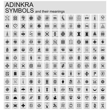 Vector icon set with African Adinkra symbols with their meanings