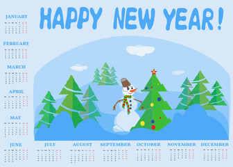 The 2021 calendar is blue with Christmas fir trees and a snowman in the center.