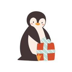 Cute penguin sitting with wrapped gift box vector flat illustration. Funny baby polar bird holding present with bow isolated on white. Festive adorable arctic character celebrating holiday