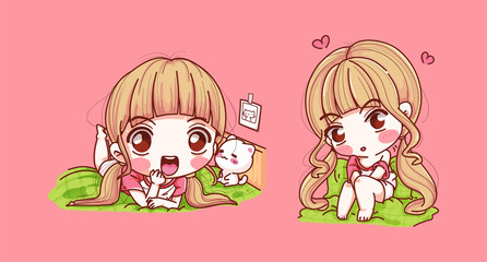 Set of cute girl happy and wake up in the morning isolated on background with character design.