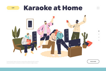 Karaoke at home landing page template with group of friends singing songs together