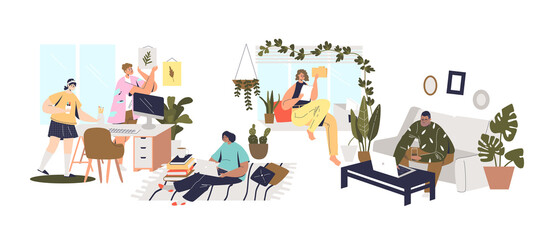 People working and studing from home. Young adults freelancers with laptops and comuters