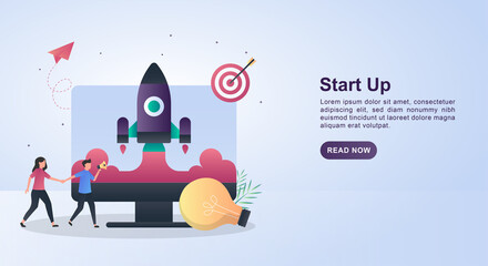 Illustration Concept of start up with an upward launching rocket and a light bulb.
