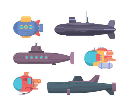 Submarines. Travel diving underwater boat explorer propeller ship vector collection. Illustration underwater ship and submarine with periscope