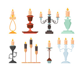 Candle holder. Vintage and modern candelabrum ancient fire lamp candlestick vector set. Illustration candlestick and candelabrum collection, candlelight burning decorative