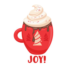 Winter Drink in Red Cup with Fir Trees Design. Hot Beverage with Whipped Cream, Cartoon Mug with Cocoa, Dripping Choco