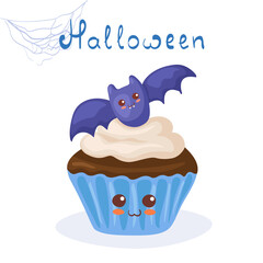 Kawaii vector illustration of funny Halloween Cupcake with happy Candy Bat & lettering. Cute smiling cartoon food characters with lettering. All Saints Day children menu, fabric print, greeting card.