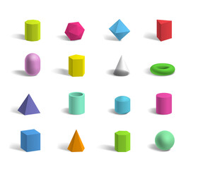 Set of basic 3d geometric shapes colorful sphere, torus, cube, pyramids isolated
