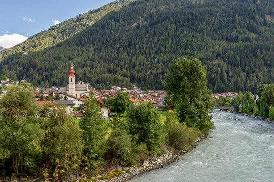 Wonderful panorama of Pfunds and its surroundings, Tyrol, Austria, including the Inn river